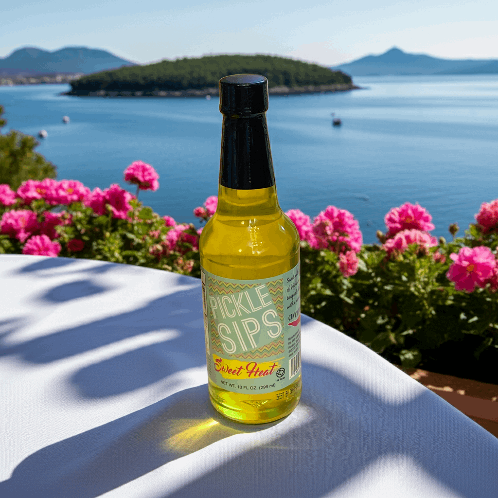 Cinderosa Ranch Pickle Sips® Sweet Heat pickle juice in a 10 fl oz bottle, showcasing bright label and vibrant packaging.