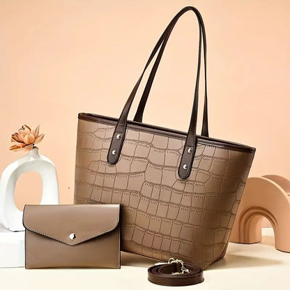 Crocodile Embossed Tote Bag Set with Clutch Purse
