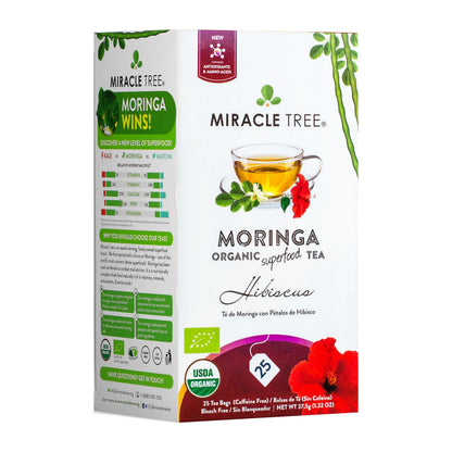 Organic Miracle Tree Moringa and Hibiscus herbal tea in a teacup, caffeine-free and vibrant with natural ingredients.
