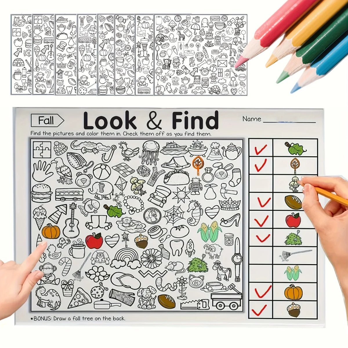 Children's hidden object coloring book with 32 pages from Game On Interactive LLC, featuring interactive matching and educational activities.