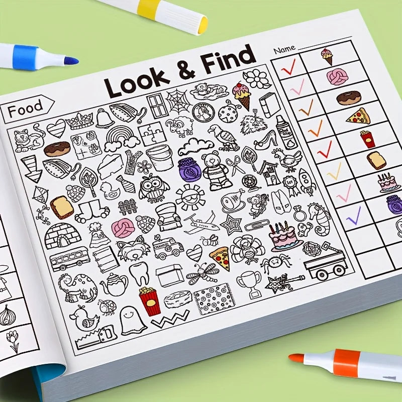 Colorful cover of the 32-page children's hidden object coloring book by Game On Interactive LLC, featuring fun matching game scenes.