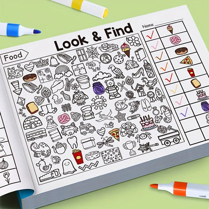 Colorful cover of the 32-page children's hidden object coloring book by Game On Interactive LLC, featuring fun matching game scenes.