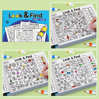 Children's hidden object coloring book with 32 pages from Game On Interactive LLC, featuring interactive educational matching activities.