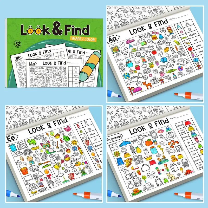 Children's hidden object coloring book with 32 pages, featuring interactive matching game elements for educational fun.