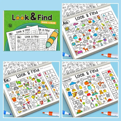 Children's hidden object coloring book with 32 pages, featuring interactive matching game elements for educational fun.