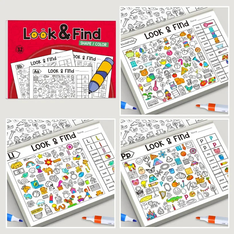 Children's hidden object coloring book with 32 pages featuring interactive educational matching game by Game On Interactive LLC.