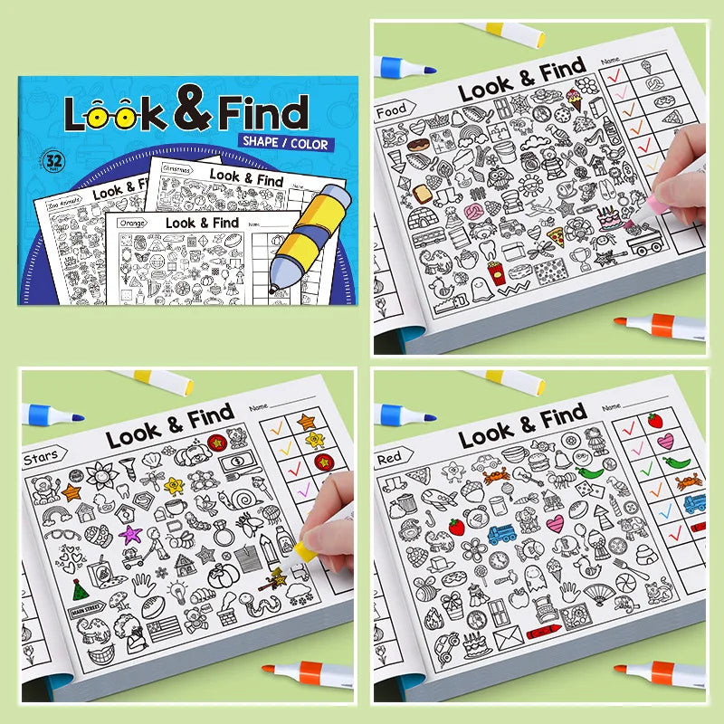 Children's hidden object coloring book by Game On Interactive LLC featuring 32 pages of interactive educational matching and coloring activities.
