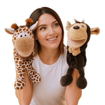35cm cartoon animal hand puppet featuring lion, elephant, and pig plush toys for interactive play by Game On Interactive LLC