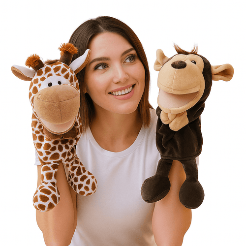 35cm cartoon animal hand puppet featuring lion, elephant, and pig plush toys for interactive play by Game On Interactive LLC