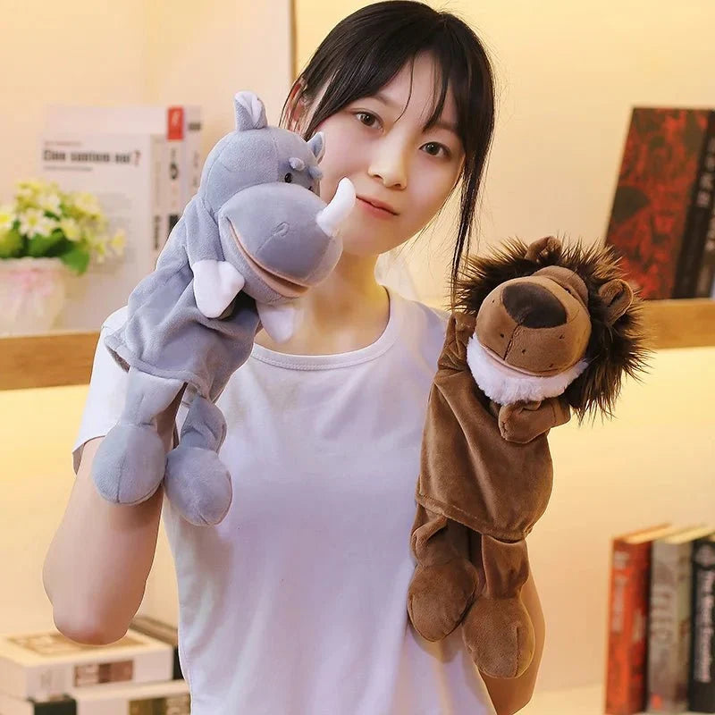 35cm cartoon animal hand puppet featuring a plush lion, elephant, and pig for interactive play by Game On Interactive LLC.