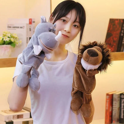 35cm cartoon animal hand puppet featuring a plush lion, elephant, and pig for interactive play by Game On Interactive LLC.