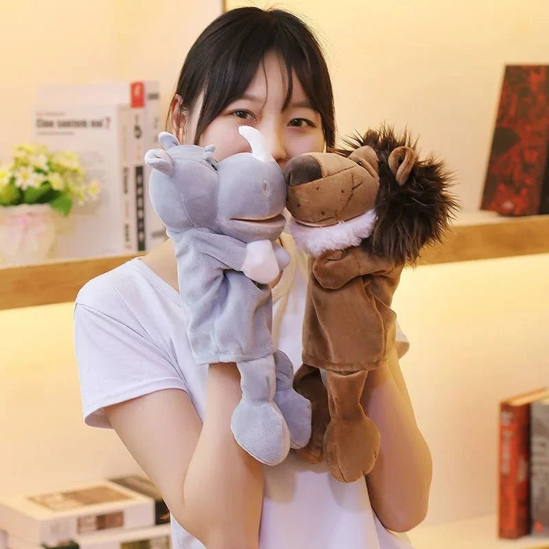 35cm cartoon animal hand puppet featuring lion, elephant, and pig plush toys for interactive play by Game On Interactive LLC