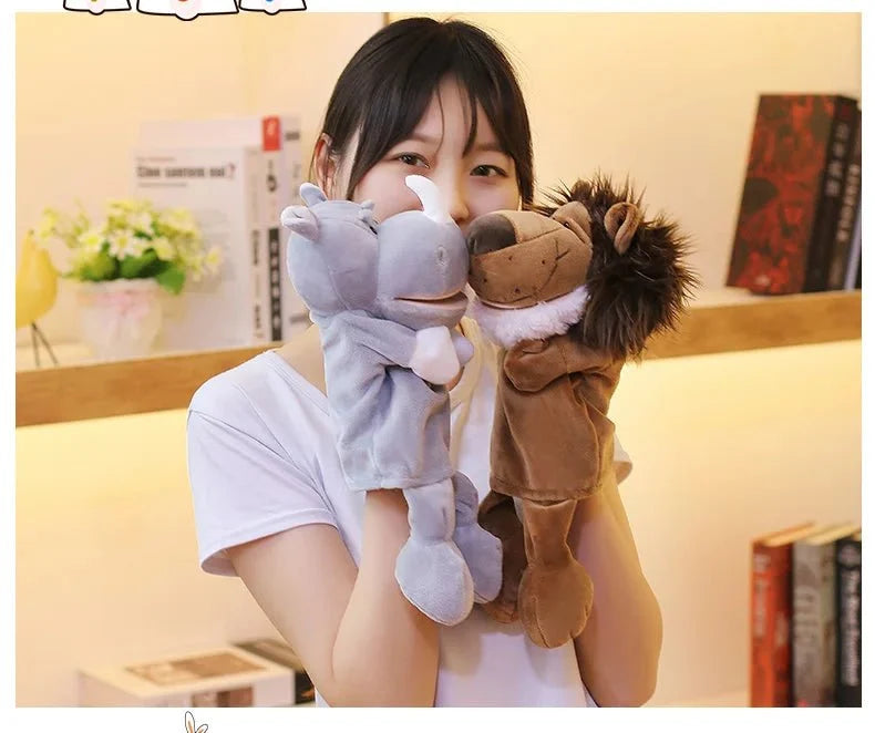 35cm plush cartoon animal hand puppet featuring a lion, elephant, or pig for interactive play by Game On Interactive LLC.