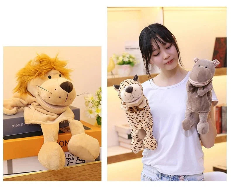 35cm cartoon animal hand puppet featuring a lion, elephant, and pig plush toys for interactive play by Game On Interactive LLC.