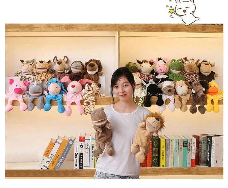 35cm plush cartoon animal hand puppet featuring lion, elephant, and pig for interactive play, by Game On Interactive LLC.