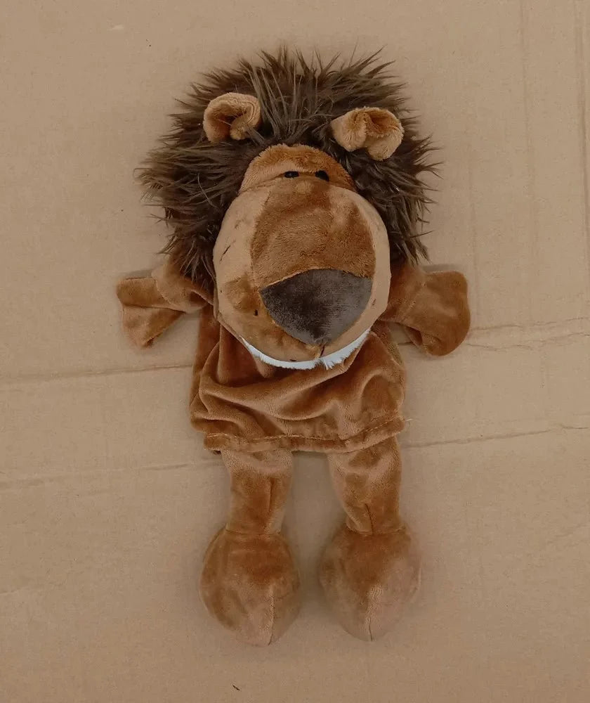 35cm cartoon animal hand puppet featuring a plush lion, elephant, or pig for interactive play, by Game On Interactive LLC.