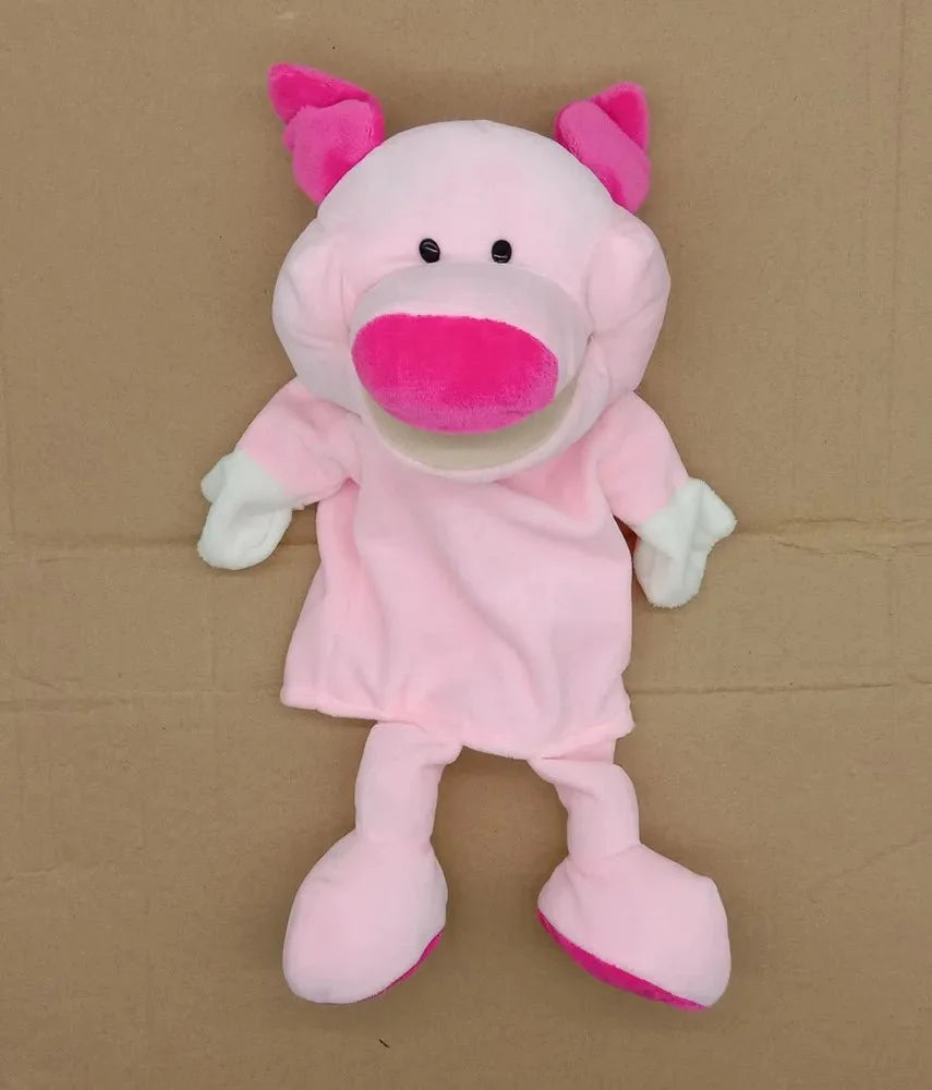 35cm cartoon animal hand puppet featuring a plush lion, elephant, or pig for interactive play, by Game On Interactive LLC.