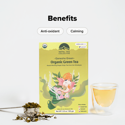 Organic Ganesha Green Tea from Nepal Tea, fresh green tea leaves with Ganesha-themed packaging and natural appearance.