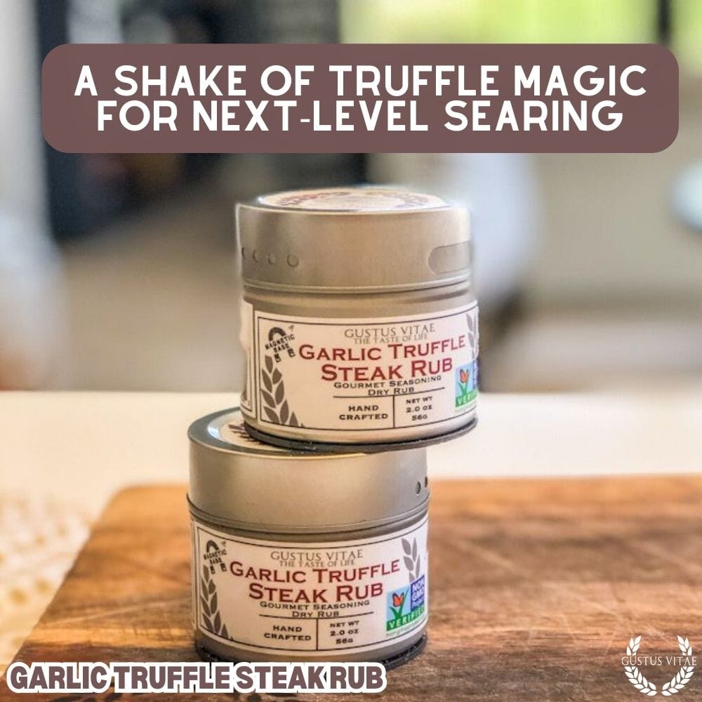Gustus Vitae Garlic Truffle Steak Rub in a jar, gourmet seasoning with garlic and truffle flavor for steak seasoning.