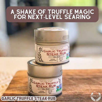 Gustus Vitae Garlic Truffle Steak Rub in a jar, gourmet seasoning with garlic and truffle flavor for steak seasoning.