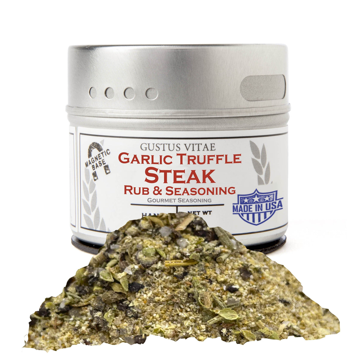 Gustus Vitae Garlic Truffle Steak Rub in a jar, gourmet seasoning blend with garlic and truffle for enhancing steak flavor