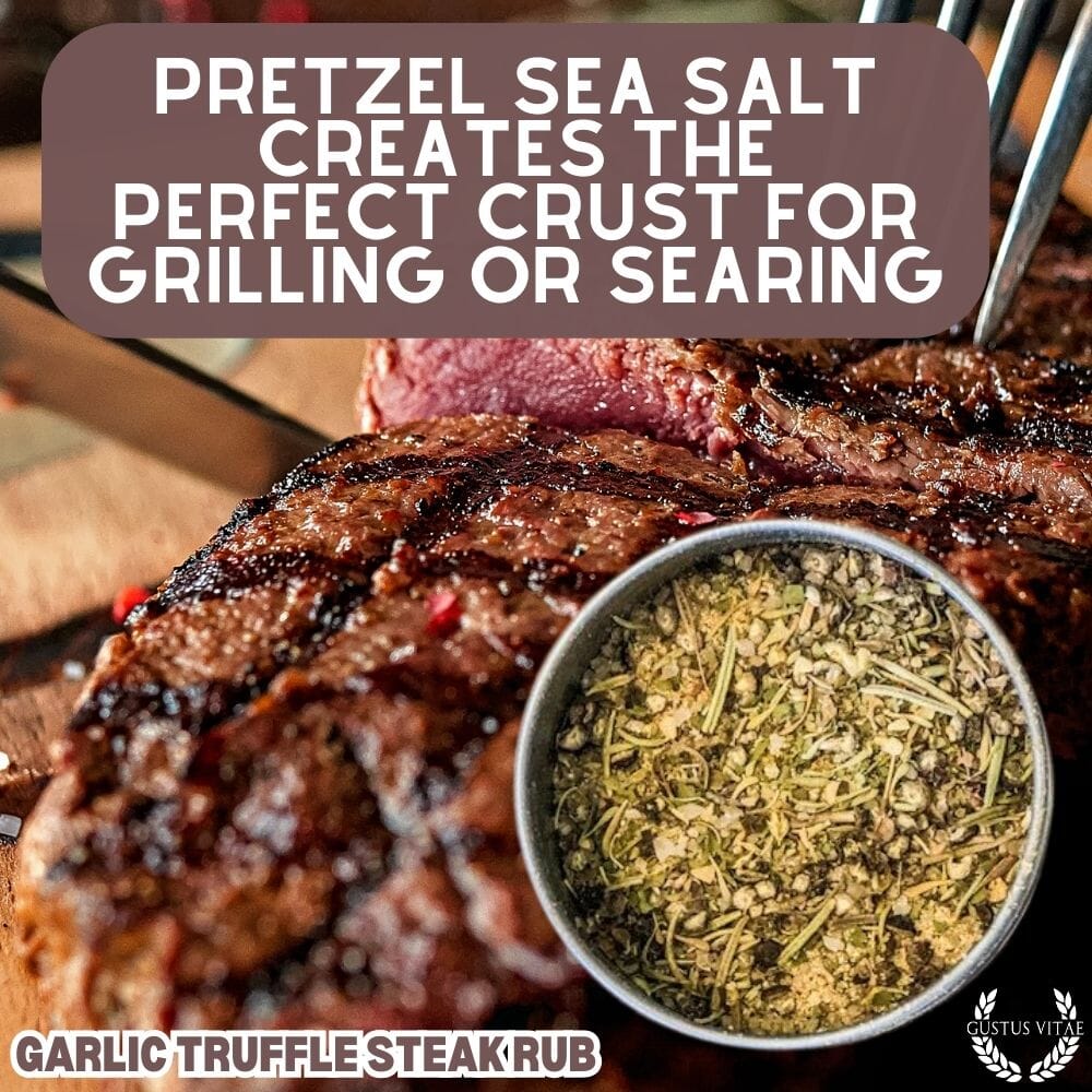 Gustus Vitae garlic truffle steak rub in a jar, gourmet seasoning blend with garlic and truffle for enhancing steak flavor.