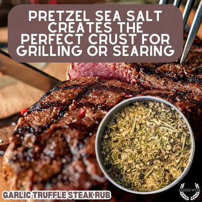 Gustus Vitae garlic truffle steak rub in a jar, gourmet seasoning blend with garlic and truffle for enhancing steak flavor.