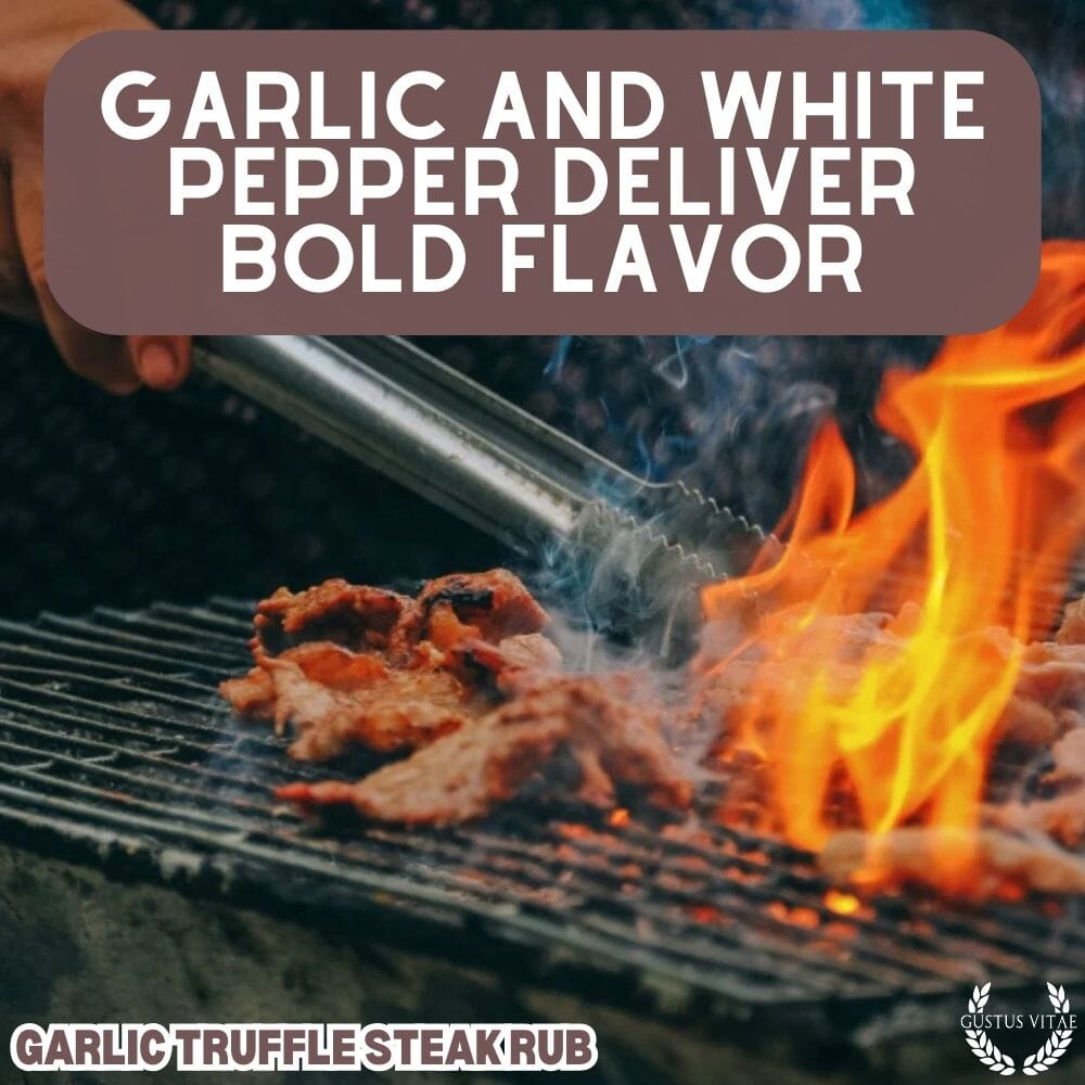 Gustus Vitae Garlic Truffle Steak Rub in a jar, gourmet seasoning with garlic and truffle for enhancing steaks and meats.