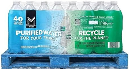 Generic MMembers Mark 16.9 oz bottled water on a full pallet, showing 48 cases with 40 bottles each, ideal for home, office, or events.