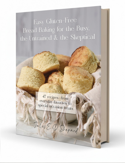 Print book titled "Easy Gluten Free Bread Baking" by gfJules, featuring a cover with baking imagery and title text.