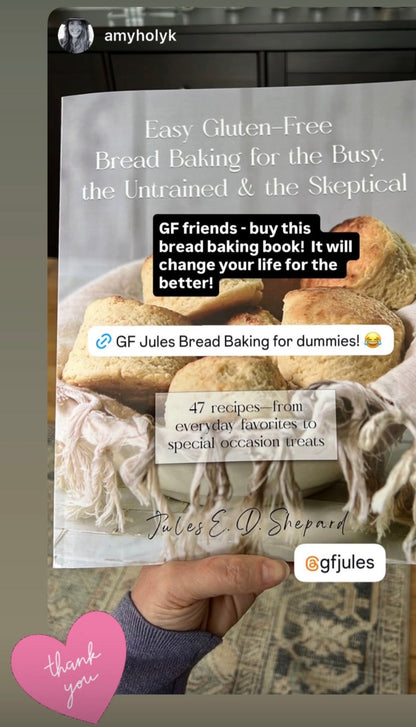 Print book titled "Easy Gluten-Free Bread Baking" by gfJules, featuring a cover with bread images and baking tools.