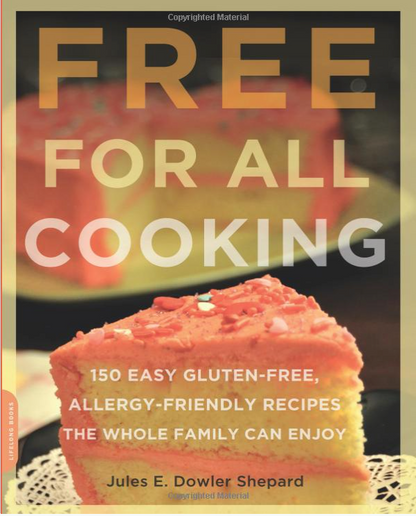 Cover of gfJules free cookbook titled "Free for All Cooking" with gluten-free, allergy-friendly recipes for the whole family.