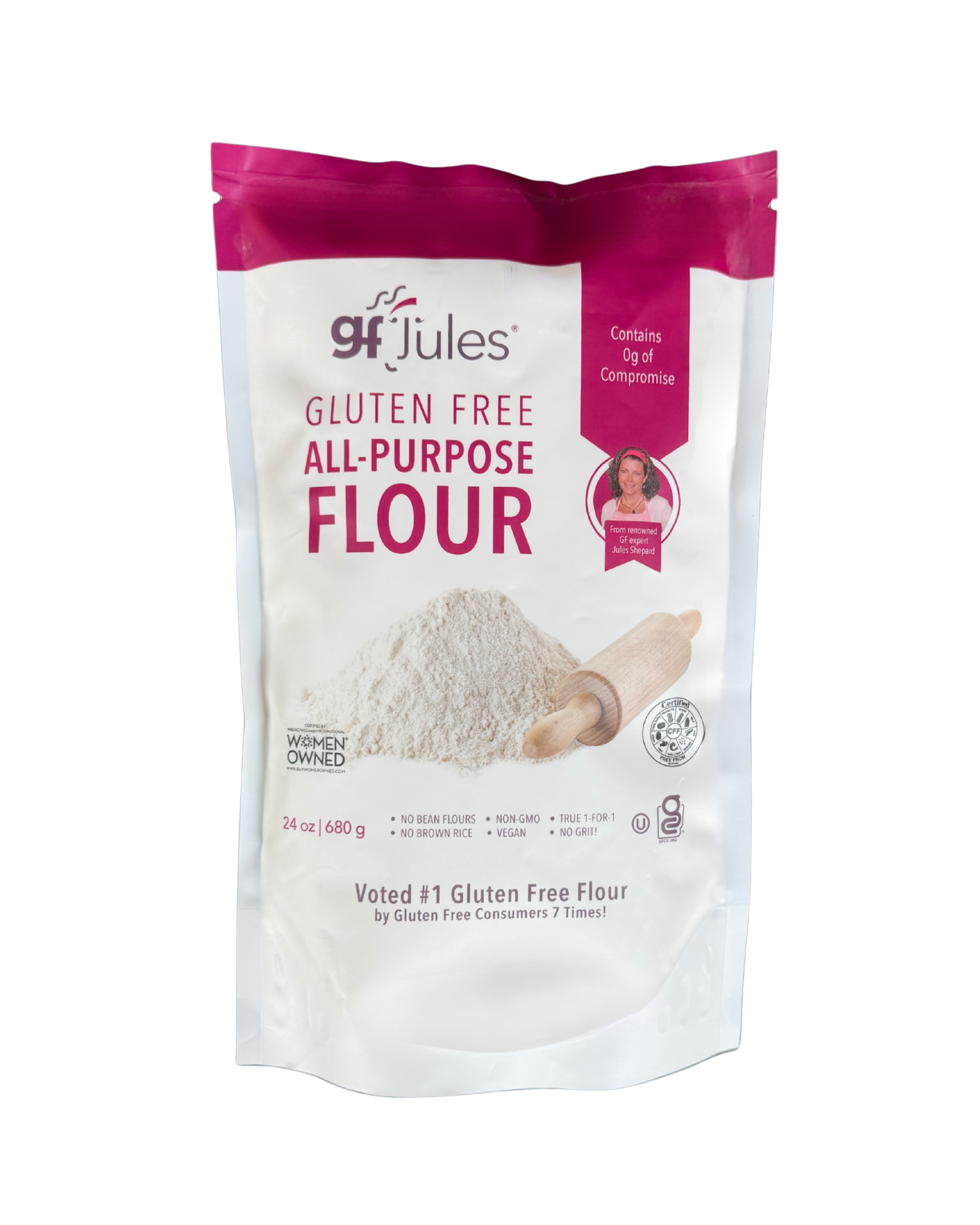 gfJules All Purpose Gluten-Free Flour in 1.5 lb bag, natural gluten-free food item for baking and cooking.