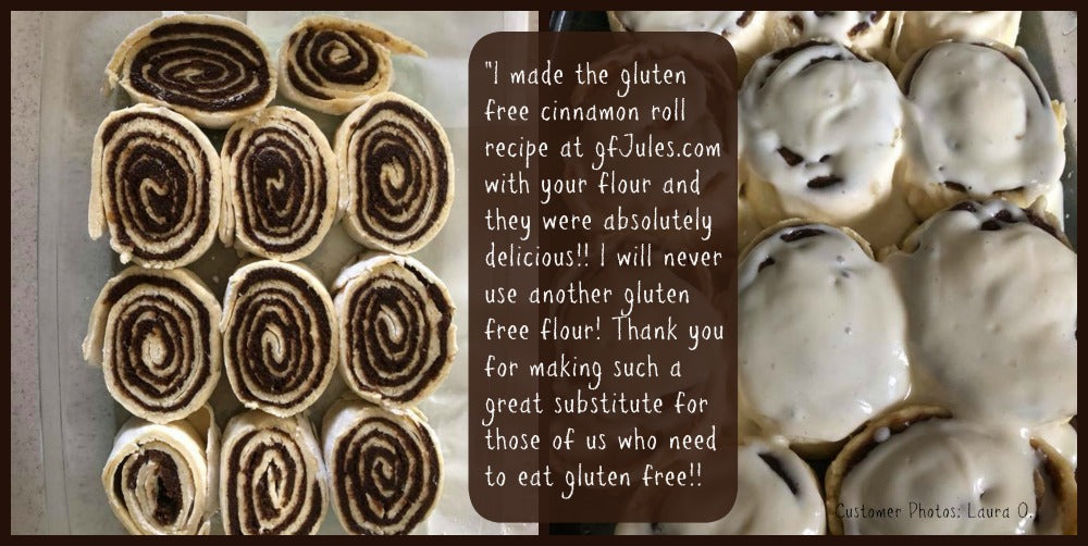 gfJules all-purpose gluten-free flour in a 5 lb bag, ready for baking and cooking, packaged in a clear plastic bag.