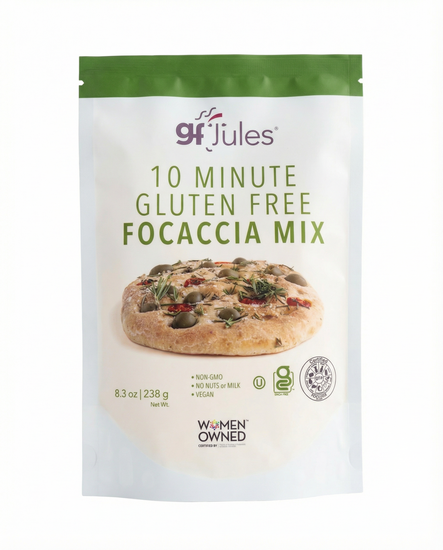 Pack of gfJules 10-Minute Gluten-Free Focaccia Mix for easy homemade bread without gluten.