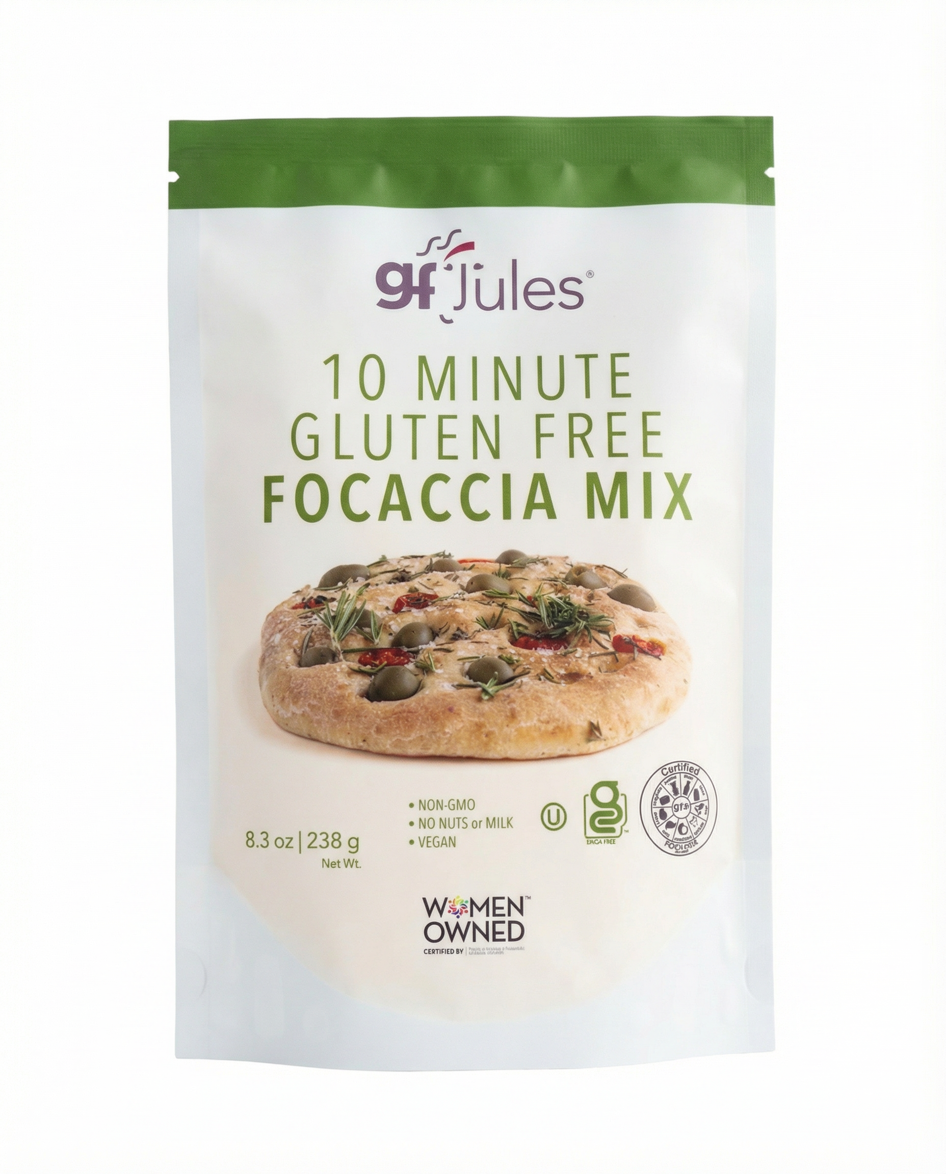 Pack of gfJules 10-Minute Gluten-Free Focaccia Mix for easy homemade bread without gluten.
