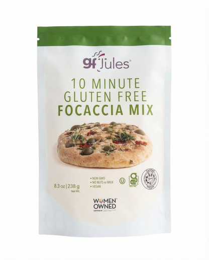 Pack of gfJules 10-Minute Gluten-Free Focaccia Mix for easy homemade bread without gluten.