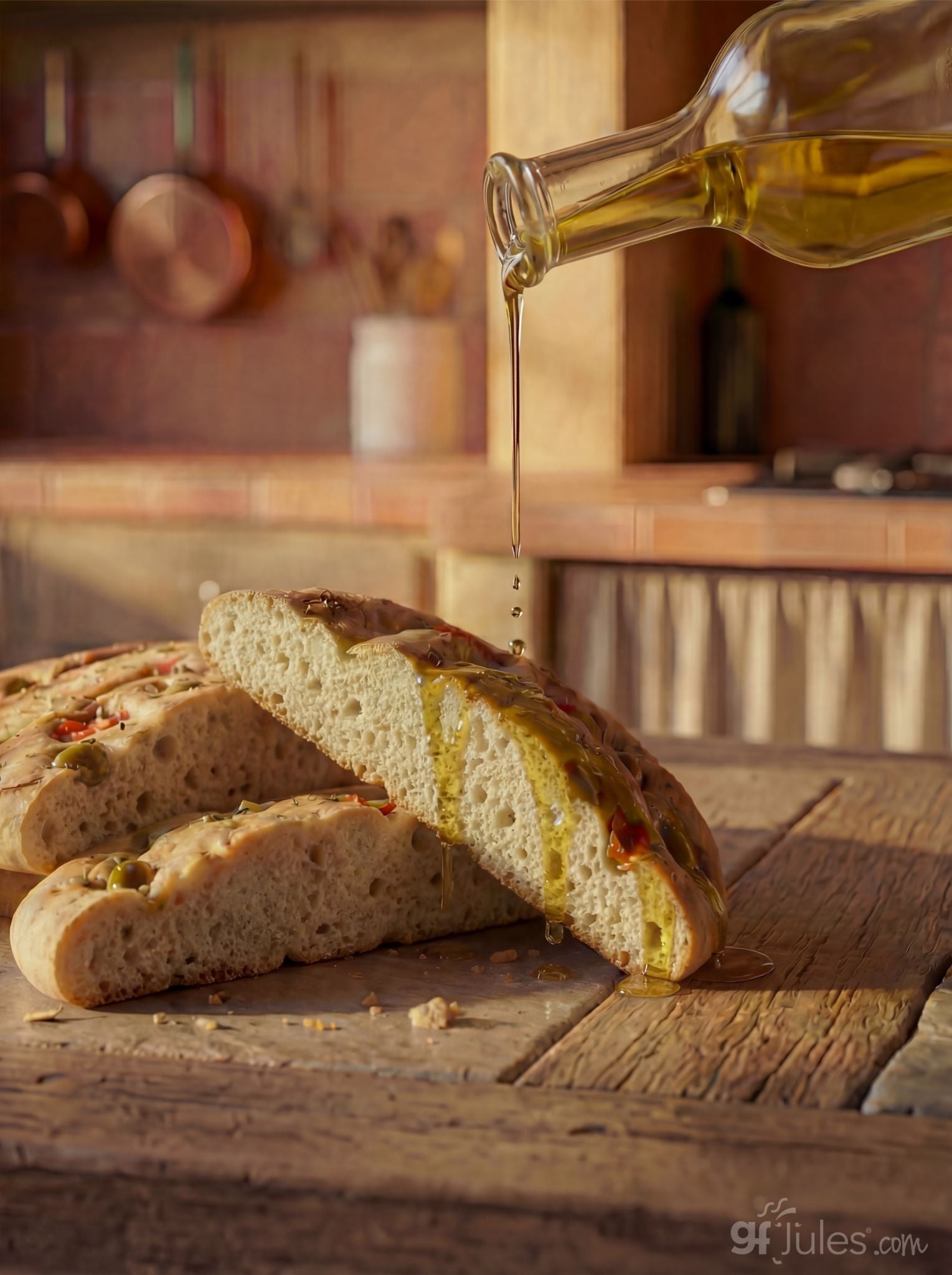 Pack of gfJules gluten-free focaccia mix in a 10-minute food preparation kit, ready to bake delicious bread.