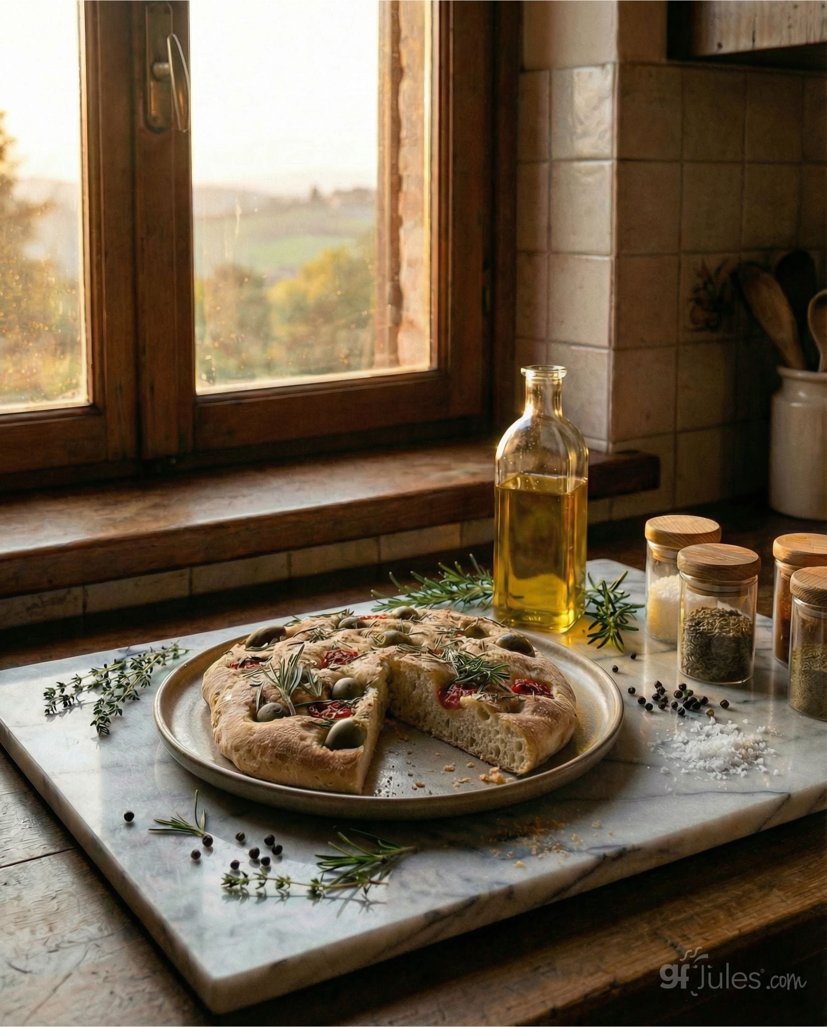 Pack of gfJules gluten-free focaccia mix in a 10-minute food item, ready to bake delicious, gluten-free focaccia at home.