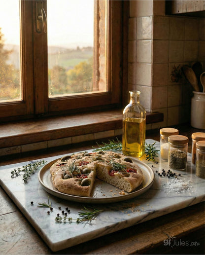 Pack of gfJules gluten-free focaccia mix in a 10-minute food item, ready to bake delicious, gluten-free focaccia at home.
