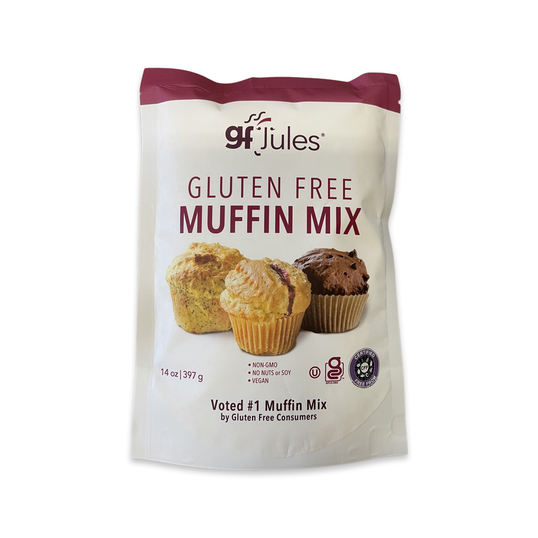 Pack of gfJules gluten-free muffin mix featuring the box with branding and product details for baking delicious, allergy-friendly muffins.
