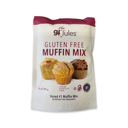 Pack of gfJules gluten-free muffin mix featuring the box with branding and product details for baking delicious, allergy-friendly muffins.