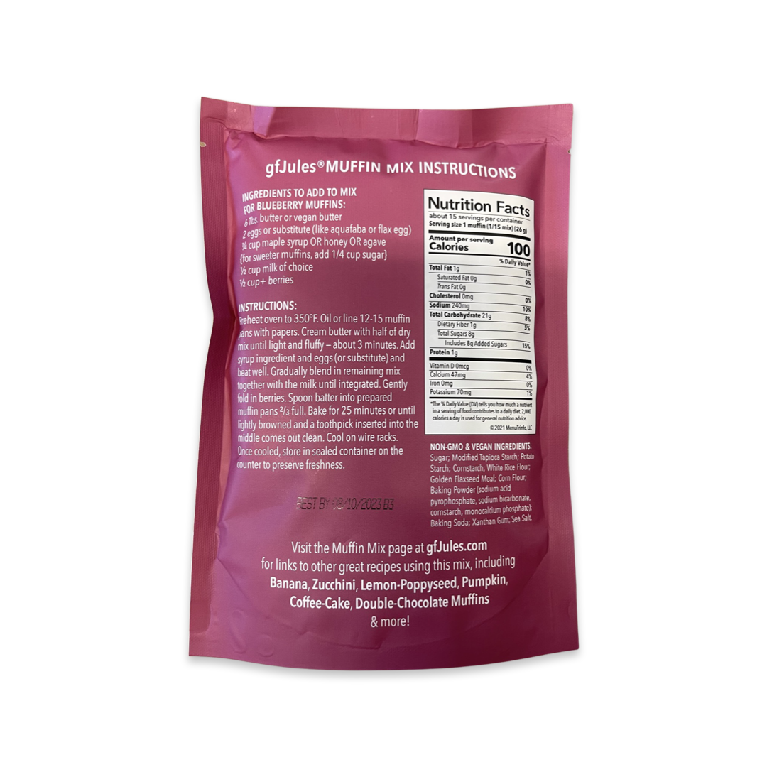gfJules gluten-free muffin mix in a pack, showing the product packaging with branding and gluten-free label.