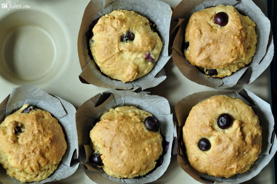 Pack of gfJules gluten-free muffin mix in a resealable bag, showcasing the product label and baking instructions.