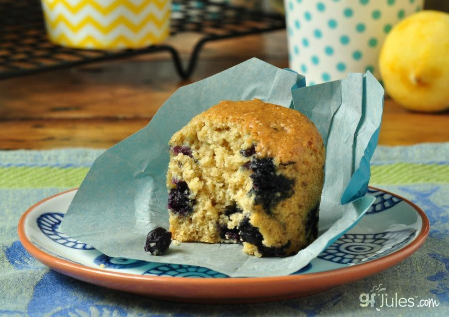 Pack of gfJules gluten-free muffin mix in a resealable bag with branding and product details visible.