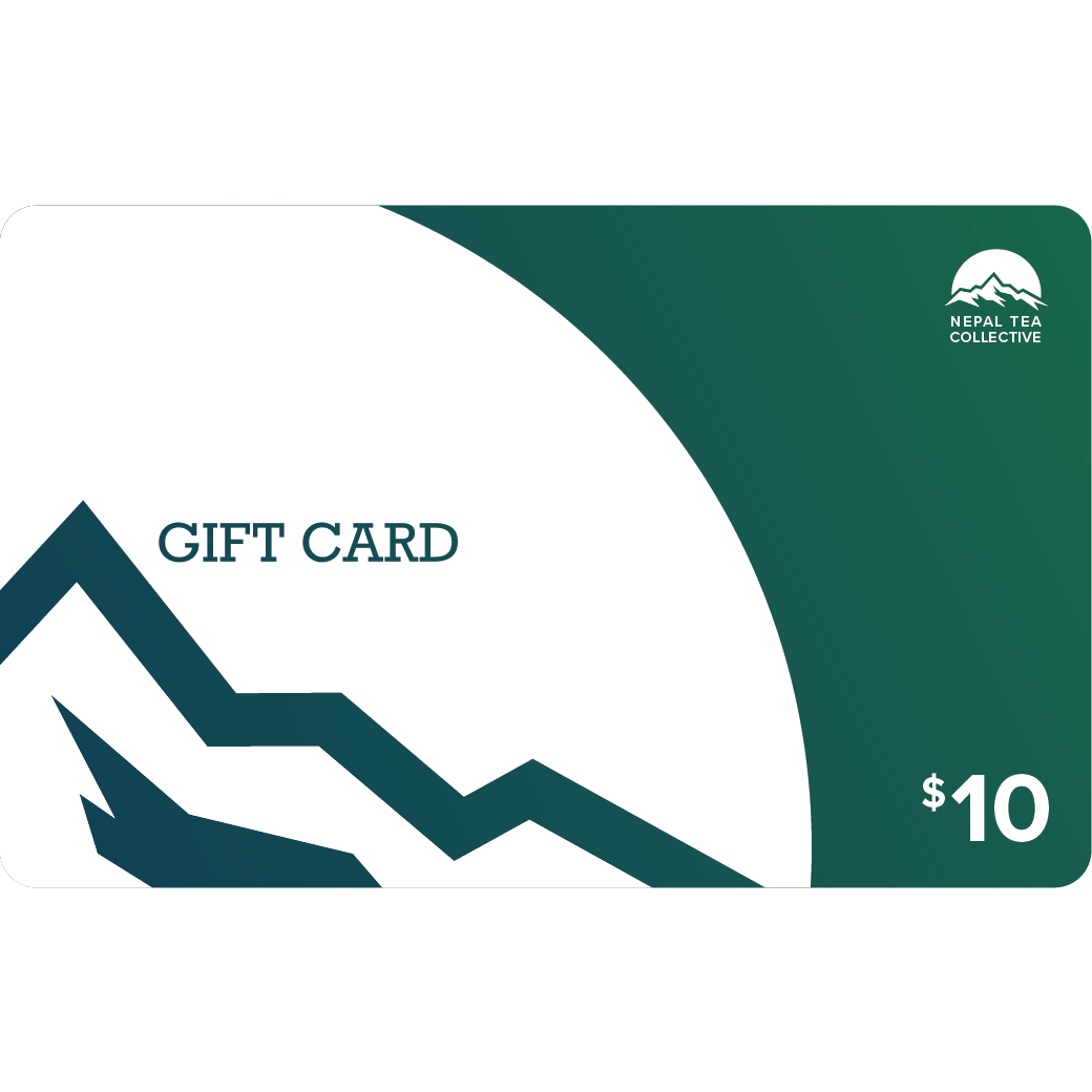 Nepal Tea gift card with elegant design, perfect for gifting, featuring the Nepal Tea logo and floral accents on a white background.