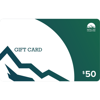 Nepal Tea gift card featuring elegant design, perfect for gifting, with branding and a decorative pattern on a white background.