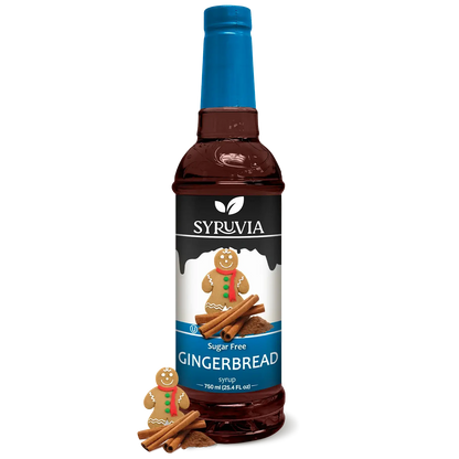Sugar-free gingerbread syrup by Syruvia, showing a bottle of flavored coffee syrup with gingerbread spice flavor.