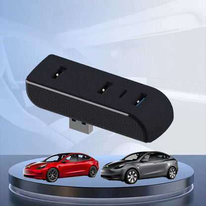 Tesery Official USB hub installed in glove box for Tesla Model Y Juniper and Model 3 Highland, with multiple USB ports visible.