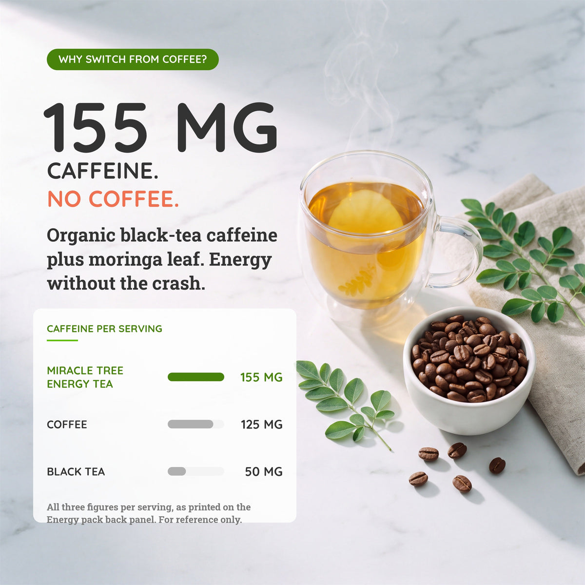 Organic Moringa Energy Tea by Miracle Tree with cherry and chamomile, natural coffee alternative in a vibrant tea cup.